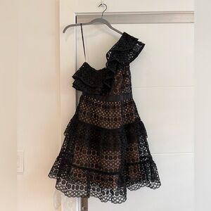 Self-Portrait Black Lace One-Shoulder Mini Dress (Pristine!)